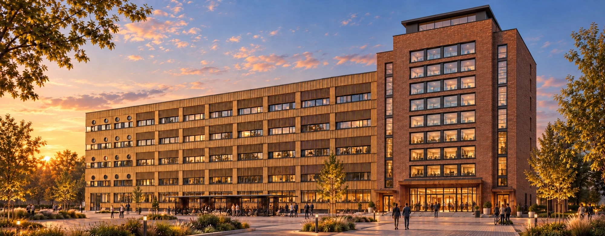 Visualisierung Spinnerei Hof, Schützenstraße 9a, bei Sonnenuntergang: Holzfassade mit Rundfenstern und Klinkerturm mit Haupteingang