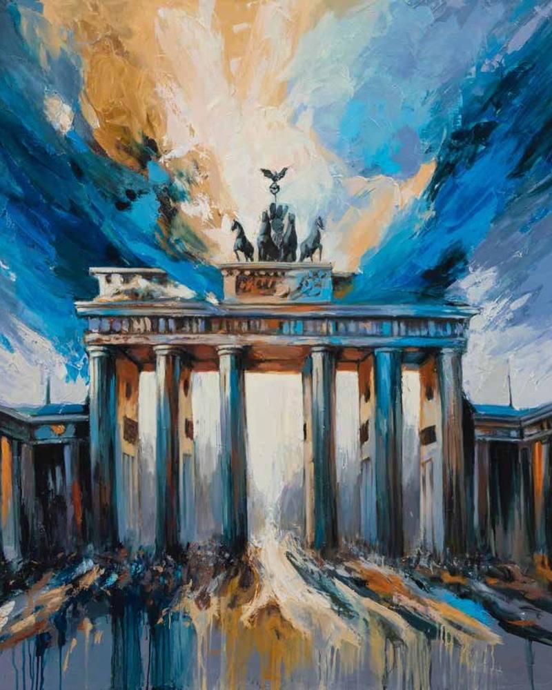 Gemälde Brandenburg Gate Reimagined: das Brandenburger Tor in expressiven Blau- und Goldtönen