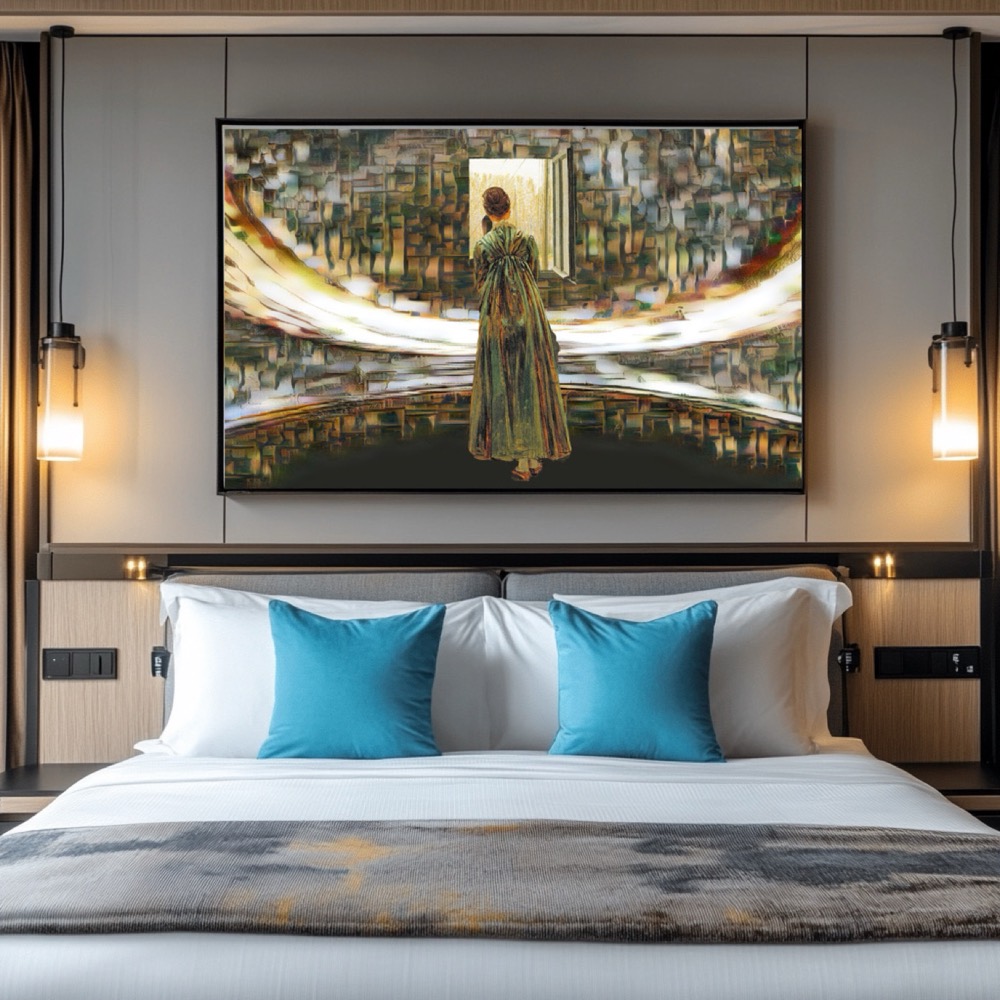 Hotelzimmer mit dem Gemälde Black Hole über dem Bett